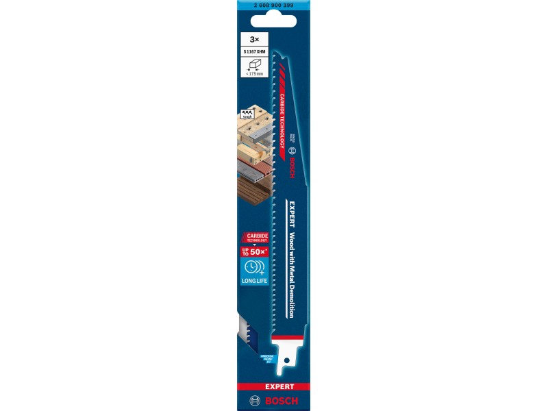 10-delni komplet listov Bosch za sabljasto žago EXPERT Wood with Metal Demolition S1167XHM, 225mm, 5-7TPI, Pakiranje: 10kos, 2608900399